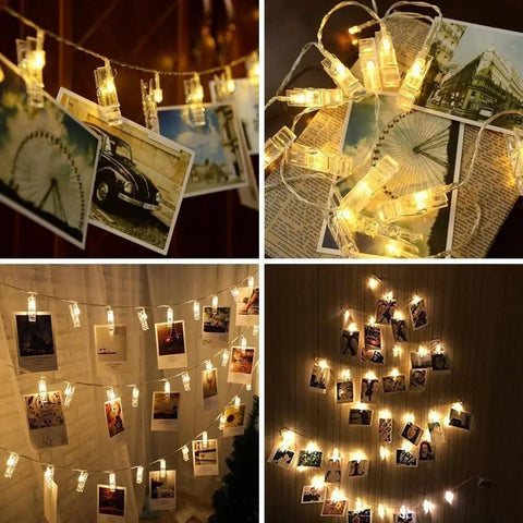 40 LED Photo Clip String Lights with Remote USB powered, 25.75 ft, displaying photos and memos in warm white glow, 8 modes.