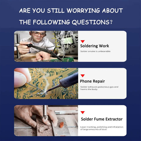 Comparison of tasks requiring Heavy Duty Soldering Fume Extractor With Smoke Absorber, including soldering work and phone repair.