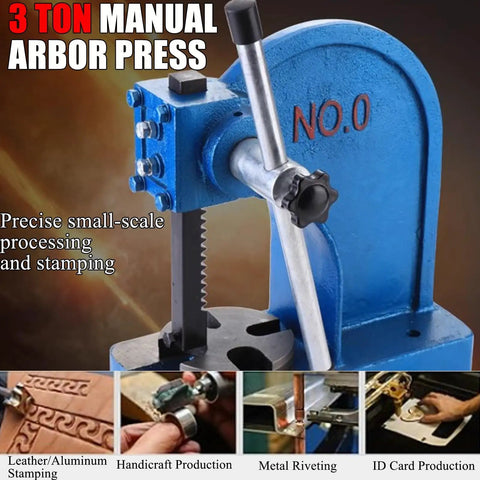 Heavy Duty Manual Arbor Press 3 Ton Cast Iron Desktop Punch Press shown from the side for metal stamping and bending projects.