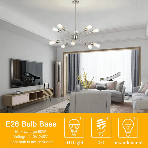 Sputnik Chandelier Lighting Dope 10 Light Modern Starburst Pendant Ceiling Fixture With Brushed Nickel Finish in living room