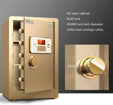 Fireproof And Waterproof Password Safe Box With Alarm System 60Cm Height Home Deposit Safe For Office Small Anti Theft Cabinet With Digital Keypad and Brown Finish shown open with locking mechanism visible.