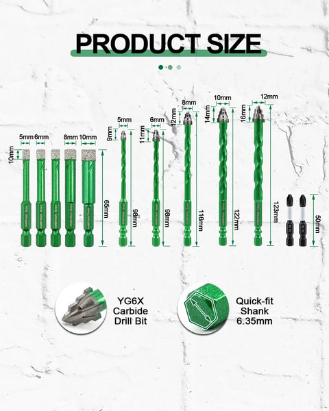 Product size chart for Straight Up Pro Grade 12 Piece Drill Bit Set With Quick Fit Hex Shank And Ph2 Screwdriver.