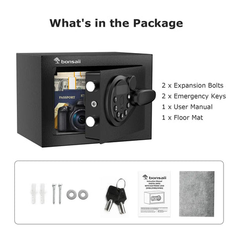 Rock Solid Heavy Duty Electronic Keypad Security Safe Box Compact Lockbox For Valuables with contents including emergency keys and user manual.