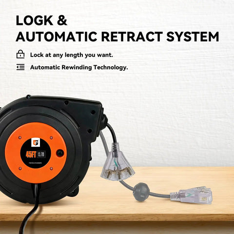 Retractable Extension Cord Reel With 45 Ft Heavy Duty 12 AWG 3C SJTOW Cord 15 Amp Circuit Breaker Lighted Triple Tap