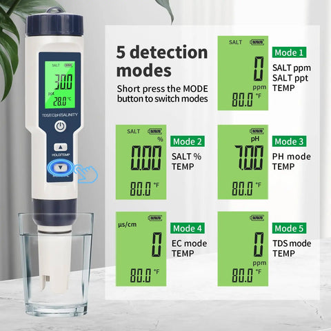 Straight Up Precise Digital Pool Water Tester And Salt Salinity Checker with display showing five detection modes.