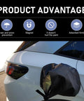 Rock Hard Magnetic EV Charger Port Cover on electric vehicle showing benefits of rain and snow prevention and firm magnet attachment.