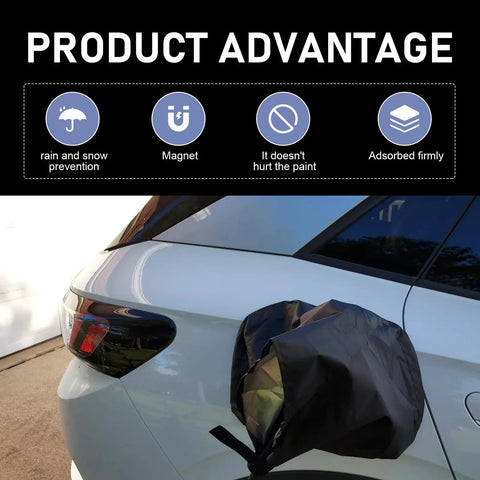 Rock Hard Magnetic EV Charger Port Cover on electric vehicle showing benefits of rain and snow prevention and firm magnet attachment.