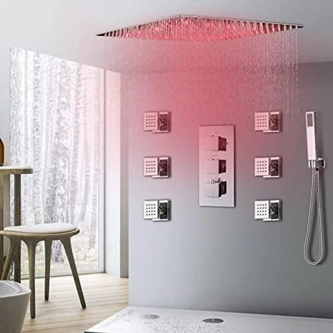 Premium Led Thermostatic Shower Combo With Air Injection Massage Head, overhead rainfall in modern bathroom setting.