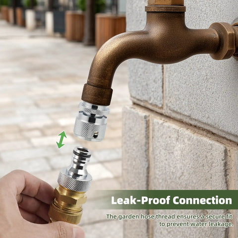 Solid Brass Garden Hose Quick Connector Kit Three Quarter Inch GHT Thread Fittings with male adapter being installed on outdoor tap