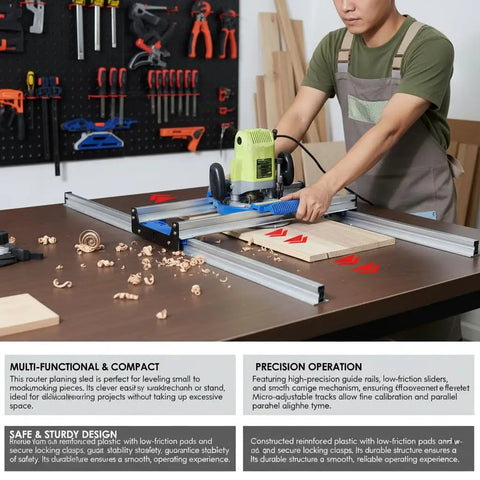 Man using Router Sled Aluminum Alloy Flattening Jig With Precise Rail And Low Friction Slide for woodworking on a bench.