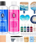 All In One Epoxy Resin Kit For Beginners With Silicone Coaster Molds, Pigments, Measuring Cups, Gloves, Droppers, And Crystal Clear Resin For Easy DIY Coasters 16 Oz displayed with contents