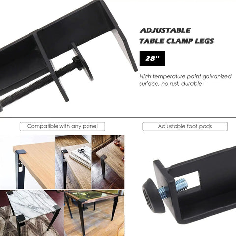Heavy Duty Metal Table Legs, Adjustable Desk Base, Built Tough F Shape Iron Stand With Grippy Rubber Feet, 28inch clamp design