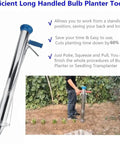 Long Handled Seed Planter For Easy Home Gardening, Semi Automatic Seeder With Depth Adjustment shown in garden use