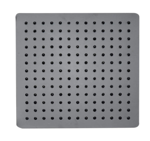 Ultra Thin 12 Inch Square Rain Shower Head In Solid Stainless Steel Brushed Finish That Looks Like Brushed Nickel Fingerprint Resistant 2mm Thick Swivel Adapter For Easy Angle Adjustment, front view