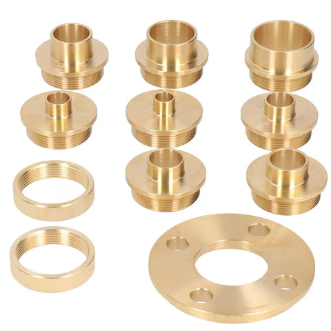 Boss Level 11 Piece Brass Router Bushing Kit with various brass bushings and lock nuts arranged on a white background.