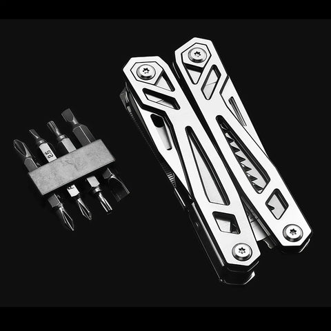 12-in-1 Folding Multitool Pliers With Pipe Grip, Go-To Stainless Steel Build, Replaceable Screwdriver Bits on black background