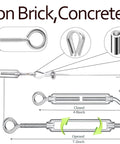 One Eighth Inch Stainless Steel Wire Rope Cable 100 Feet With M5 Turnbuckle And Hardware Kit installation diagram on wall
