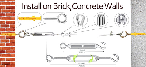 One Eighth Inch Stainless Steel Wire Rope Cable 100 Feet With M5 Turnbuckle And Hardware Kit installation diagram on wall