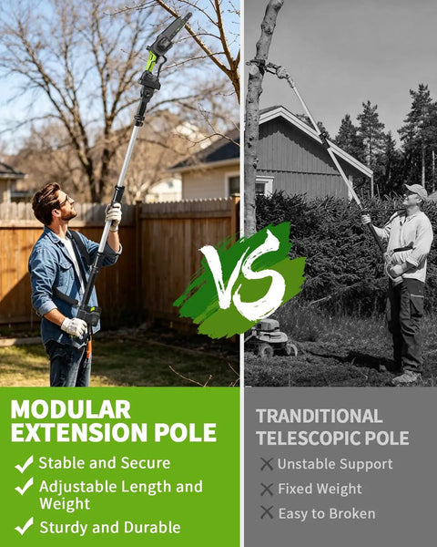 Man using 4 In 1 Pole Saw And Electric Pruning Shears Kit With An 8 Inch Bar For Tree Trimming Cordless Pruner in garden.