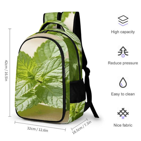 Green Mint Herb Printed Unisex Backpack With Large Capacity, Casual Daypack For School, Work And Travel, Durable Polyester