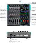 Top and rear view of MX6 6 Channel USB Audio Mixer Dope Studio Console With 48V Phantom Power And 256 DSP Effects for detailed controls layout.