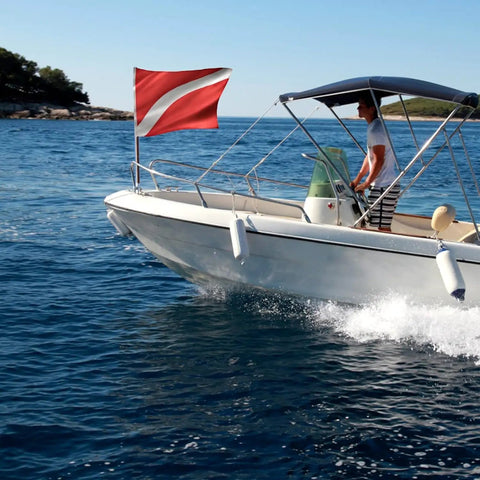 Two Flag Duo Diver Down Flag Set 20x24 Inches With Golden Grommets Double Stitched Nylon Red And White Flags On Boat