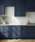 Modern kitchen with navy cabinets and Champagne Bronze Cabinet Pulls 3 Inch Center Hole, 30 Pack Zinc Alloy Kitchen Handles.