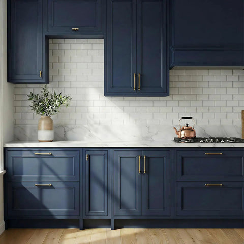 Modern kitchen with navy cabinets and Champagne Bronze Cabinet Pulls 3 Inch Center Hole, 30 Pack Zinc Alloy Kitchen Handles.