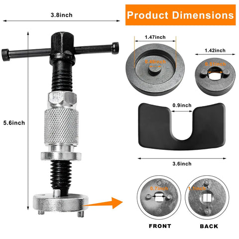Brake Piston Wind Back Tool Set 5 Pcs For Rear Disc Brakes dimensions and components shown with knurled handle