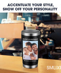 Custom 20oz Personalized Stainless Steel Coffee Tumbler With High Def Photo And Text Artwork on a countertop.