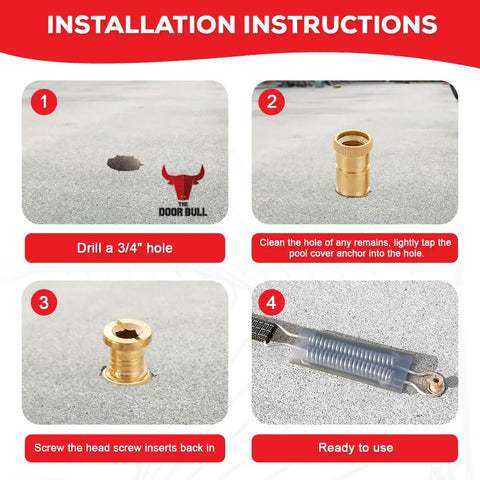 Installation steps for Beefy Heavy Duty Brass Pool Cover Anchors For Concrete And Paver Decks Universal Size Fits Three Quarter Inch Hole.