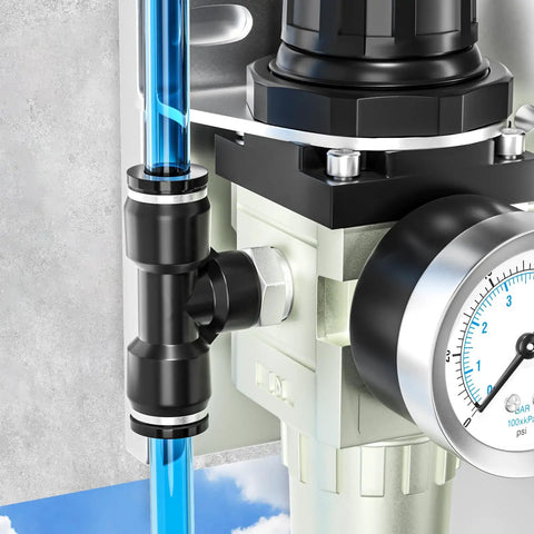 Push To Connect Tee Fittings For Pneumatic Systems One Quarter Inch Tube OD To One Quarter Inch NPT Thread Male Branch Pack Of Ten installed