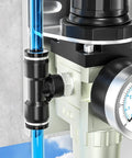 Push To Connect Tee Fittings For Air Lines 3/8 Inch Tube OD X 1/4 Inch NPT Thread Male Branch Quick Connect Pack Of 2 Made From Plastic And Copper Handles 0 To 145 PSI 32 To 140 F installed in pneumatic system with pressure gauge visible.