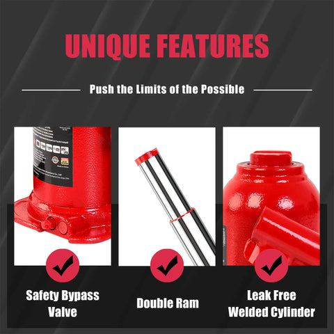 Beefy 8 Ton Double Ram Welded Bottle Jack features safety bypass valve, leak-free cylinder, and double ram design.
