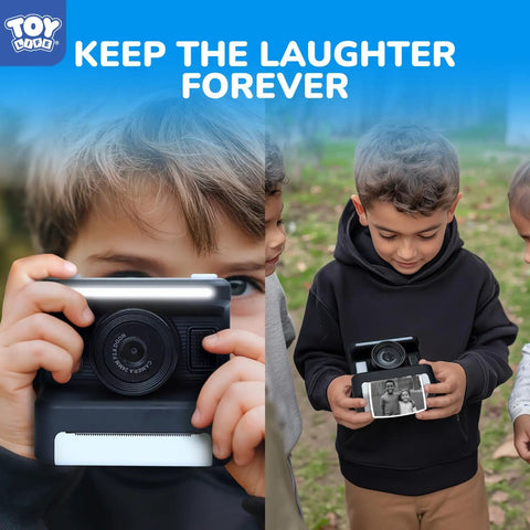 Kids Instant Print Camera For Ages 3 To 12 With 1080P Video Two Point Four Inch Screen Black And White Thermal Printing No Ink Fun Filters Flash Time Lapse Continuous Shoot Sixteen Times Digital Zoom Easy Share And Decorate black kids camera with instant print photo