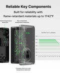 Diagram of MaxiCharger Home EV Charger Level 2 240V Up To 80 Amp Fast Charging, showing flame-retardant components and temperature chart.