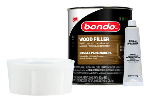 The Real Deal Wood Filler Kit 30 Oz With Quick Set Hardener, cream hardener and container for wood repair.