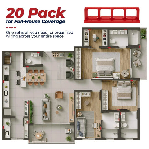 ColumPRO Cable Chase Wire Brackets 20 Pack Heavy Duty NM Cable Organizers displayed in a home layout for organized wiring.