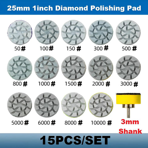 Mini Diamond Polishing Pad Set 1 Inch With 14 Grits From 50 To 10000 Water Sanding Discs And 3Mm Shank Hook And Loop Backing
