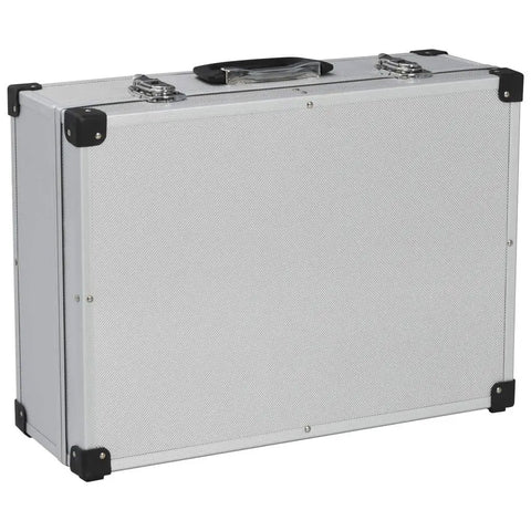 Hard Shell Aluminum Tool Case 18.1 By 13 By 6.3 Inch with silver finish, lockable portable box for hand tools, side view.