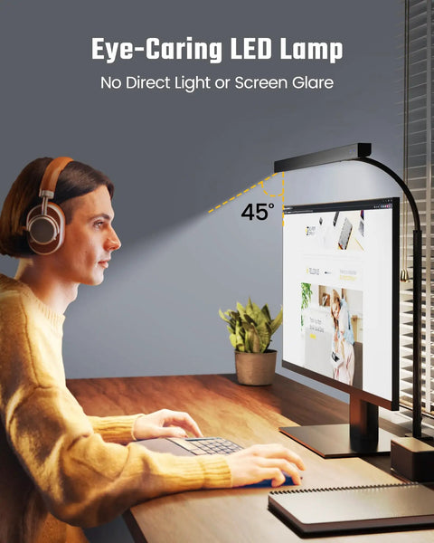 Person using computer beside LED Desk Lamp For Office And Home With Adjustable Gooseneck, 12W Touch Control Dimmable Brightness