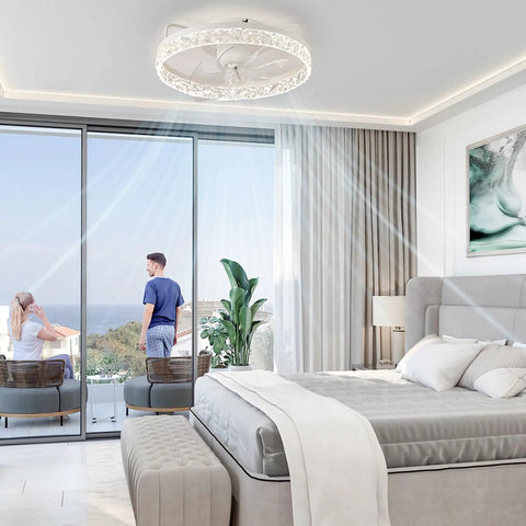 20 Inch Low Profile Bladeless Ceiling Fan With Lights And Remote in modern bedroom