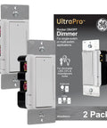 Two Pack White Rocker Dimmer Switches For LED Lights Single Pole On Off Dimmable Paddle Dimmer With Smooth Slide Control Energy Saving UL Listed Wall Mount Easy Install shown next to branded packaging.