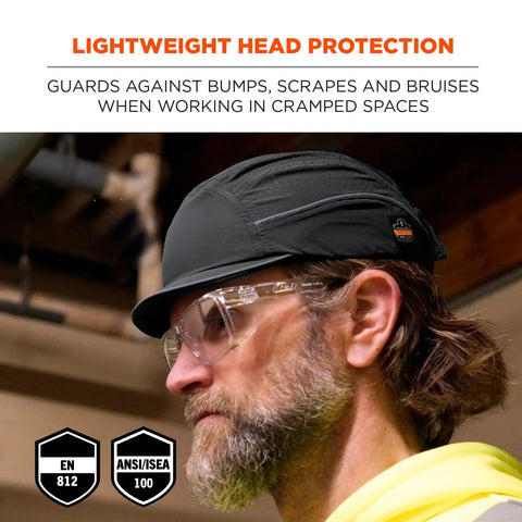 Skullerz 8955 Featherweight Bump Cap Baseball Style Hat With Breathable Head Protection Micro Brim Black For Worksite Safety And All Day Comfort Ideal For Tradesmen On The Job And Construction Pros