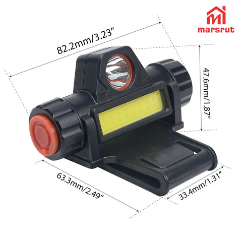 Dual Headlamp Welding Helmet Light With Hood Mount and USB Rechargeable LED Dimmable 300 Lumen Headlamp dimensions shown