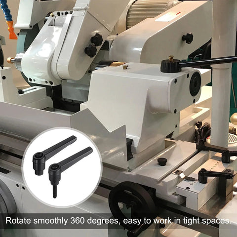 4 Piece Clamping Lever Adjustable Handles Set With Metric M5 Threads shown on lathe machinery, black hand stud knobs visible