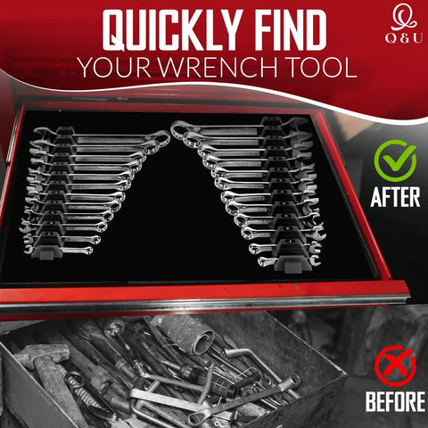 Slick Modular Wrench Organizer System With 48 Magnetic Holders for tool box drawers showcasing organized wrenches and cluttered tools before use