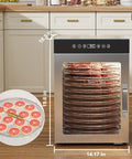 Kickstart Your Snack Game With This Whisper Quiet Electric Food Dehydrator featuring 360 rotating trays, showing dehydrated fruit.
