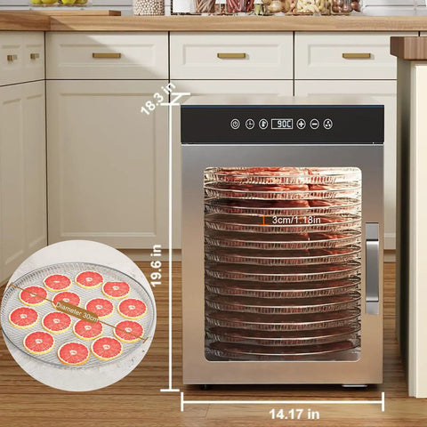 Kickstart Your Snack Game With This Whisper Quiet Electric Food Dehydrator featuring 360 rotating trays, showing dehydrated fruit.