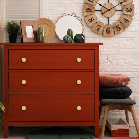 Dresser with 1-1/10 Inch Solid Brass Knob and Pull Set, Brushed Gold Hexagon Handles, stylish furniture upgrade in room.